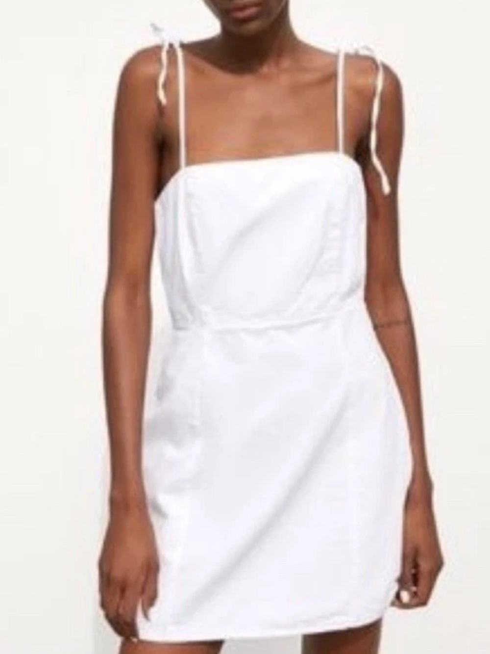 Zara White Denim Tie Strap Mini Dress Medium Square Neck Sleeveless Cotton Y2K